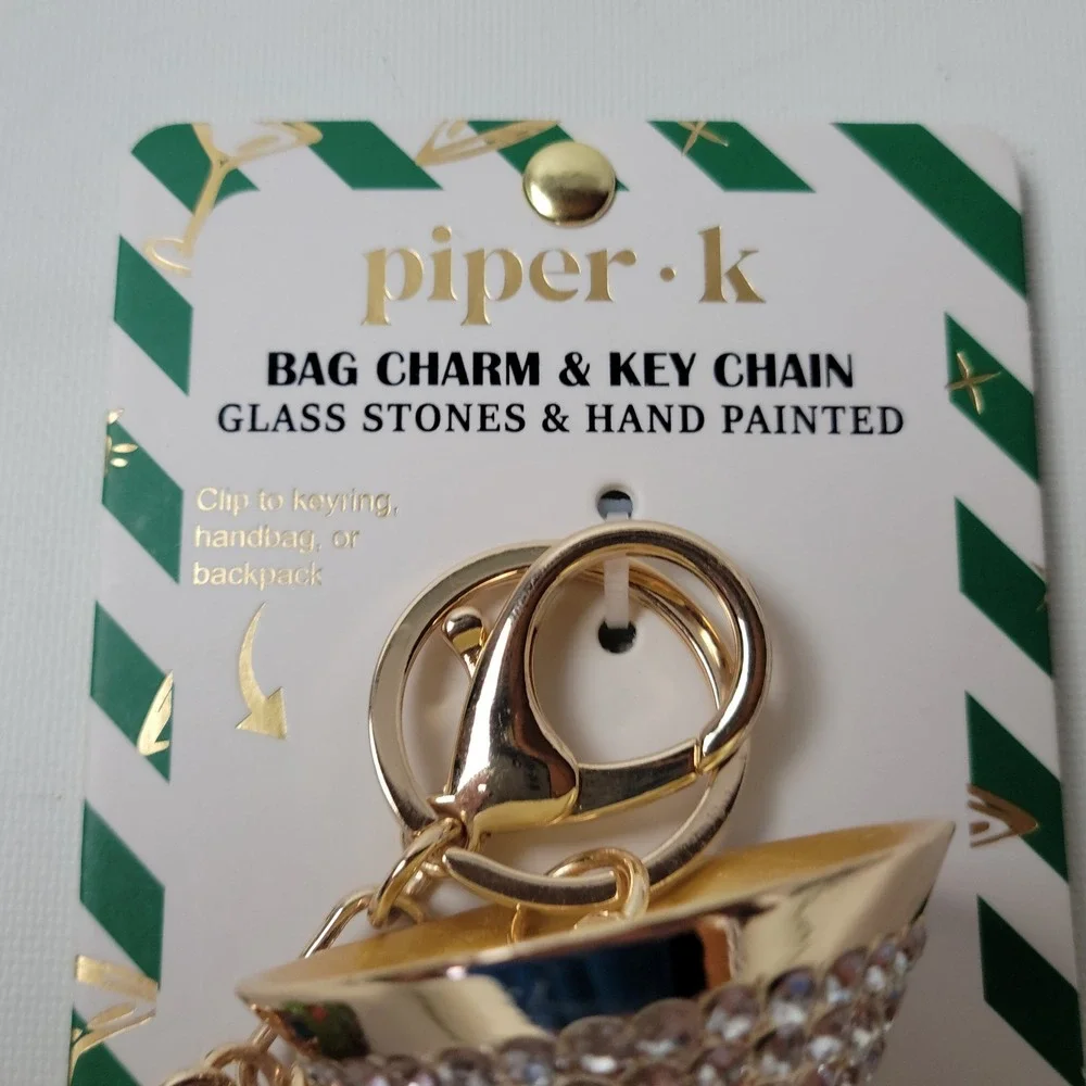 Piper K Martini Glass Bag Charm Key Chain Rhinestone Tassel Olive Gold Tone NWT